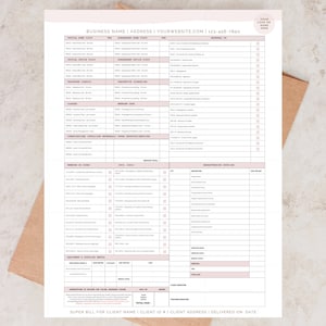 Superbill form sitting on top of a brown envelope on a marble countertop. It has beautiful soft pink design features.