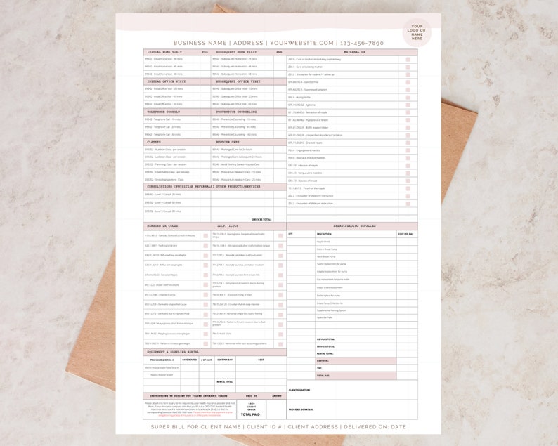 Superbill form sitting on top of a brown envelope on a marble countertop. It has beautiful soft pink design features.