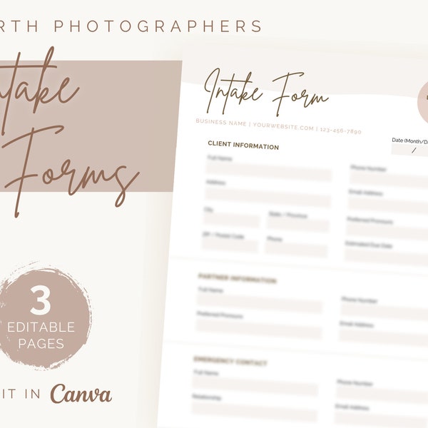 Birth Photography Intake Forms | Editable Canva Template | Printable | Instant Digital Download | Minimalist Design | New Clients