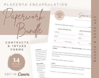 Placenta Encapsulation Contracts and Intake Forms | Invoice and Receipt | Paperwork Bundle | Editable Template | New Clients | Business Form