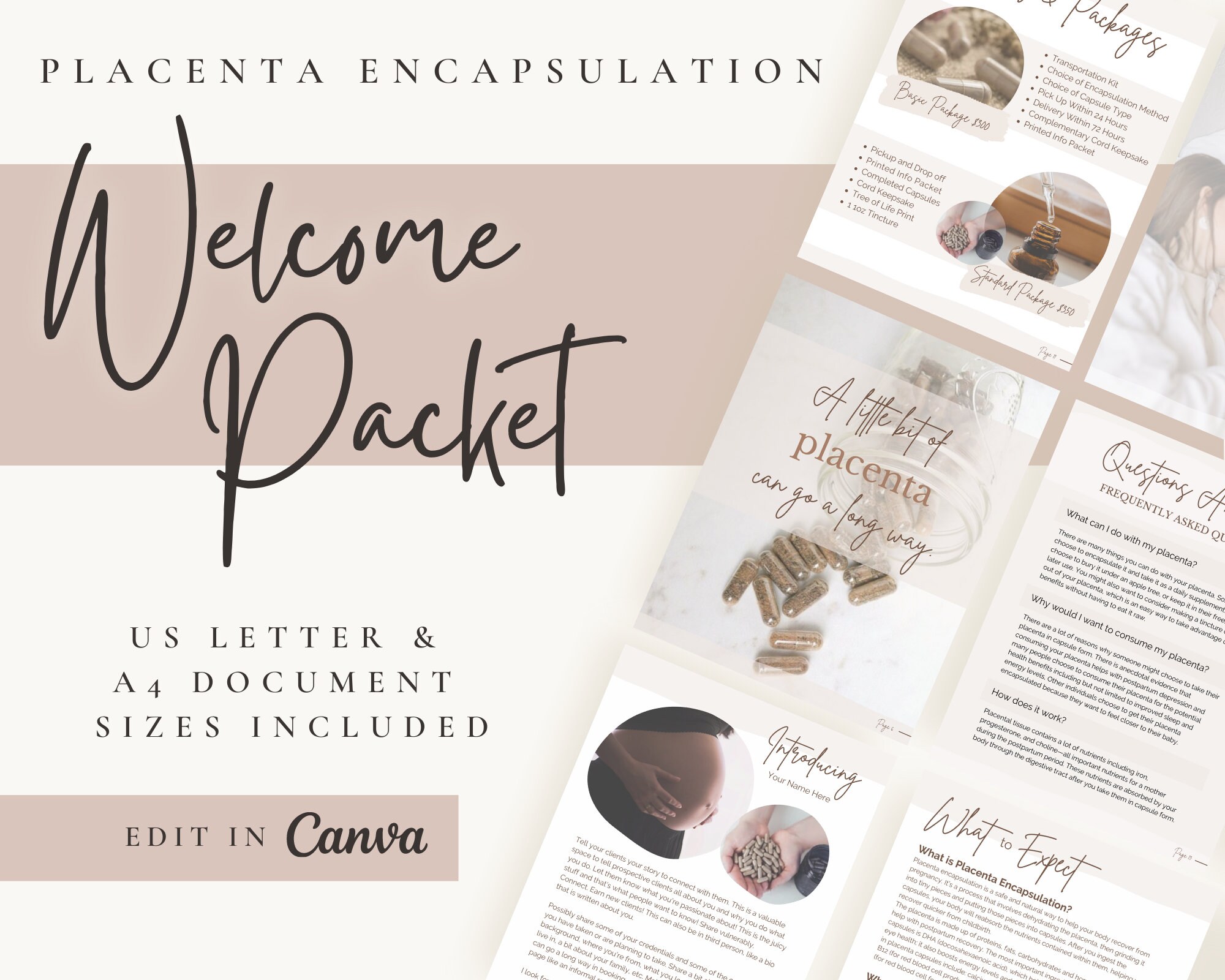 Placenta Encapsulation Information Booklet | Welcome Packet | Canva Template | Customizable | Printable | Minimalist | Lead Generator