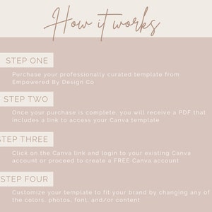 Purchase your template from Empowered by Design. You will receive a PDF including a link to access your Canva template. Click on the link and log into your existing Canva account or create a free account. Customize your template to fit your brand.