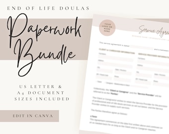 Contratos de Doula de fin de vida y formularios de admisión / Factura y recibo / Paquete de trámites / Plantilla editable / Nuevo cliente / Muerte / Duelo