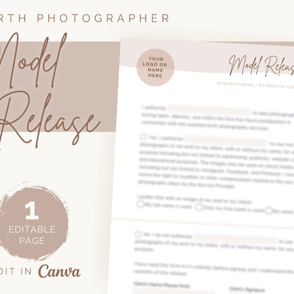 Birth Photographer Media Release Form | Model Release | Instant Digital Download | Minimalist Design | Client Contract | Business Form