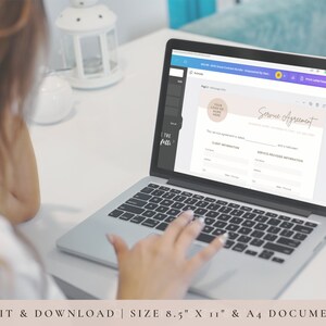 A person using the Canva program on a laptop. Download and edit. Size 8.5 by 11 inches and A4 document.