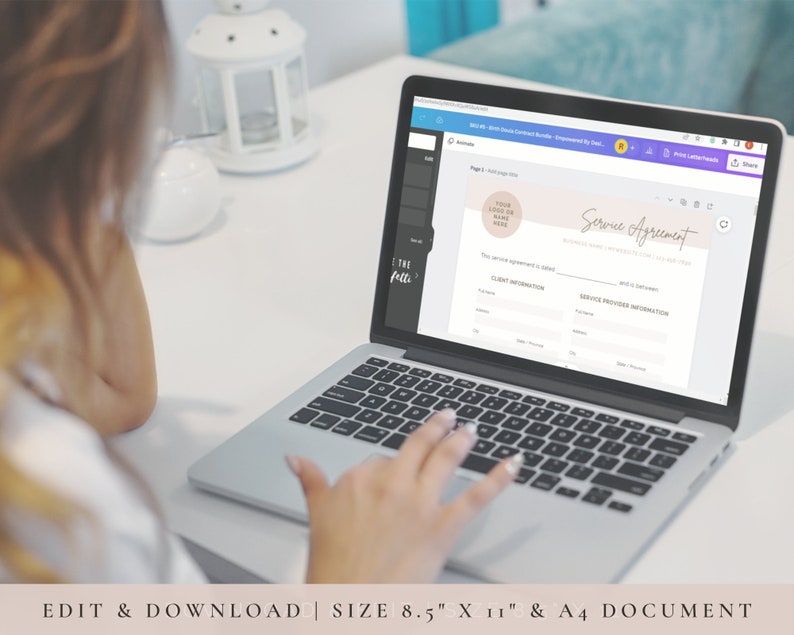 A person using the Canva program on a laptop. Download and edit. Size 8.5 by 11 inches and A4 document.