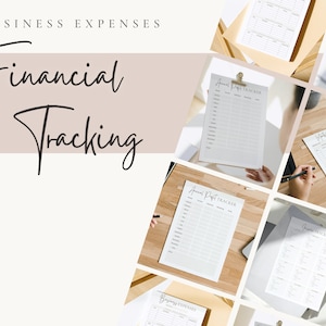 May include: A collage of financial tracking documents, including "Annual Profit Tracker" and "Monthly Budget" forms. The image features the text "Business Expenses" and "Financial Tracking" in elegant script, suggesting a focus on business organization.