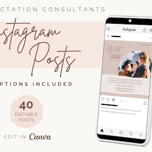 Puede incluir: Una maqueta de pantalla de teléfono que muestra una publicación de redes sociales para consultores de lactancia. La publicación tiene un fondo marrón claro con el texto "Let's Get Started" en blanco. La publicación también incluye una foto de tres personas sonriendo y una llamada a la acción para "Let's Do This!" con una dirección de sitio web. La publicación está subtitulada "Instagram Posts, Captions Included, 40 Editable Posts, Edit in Canva".