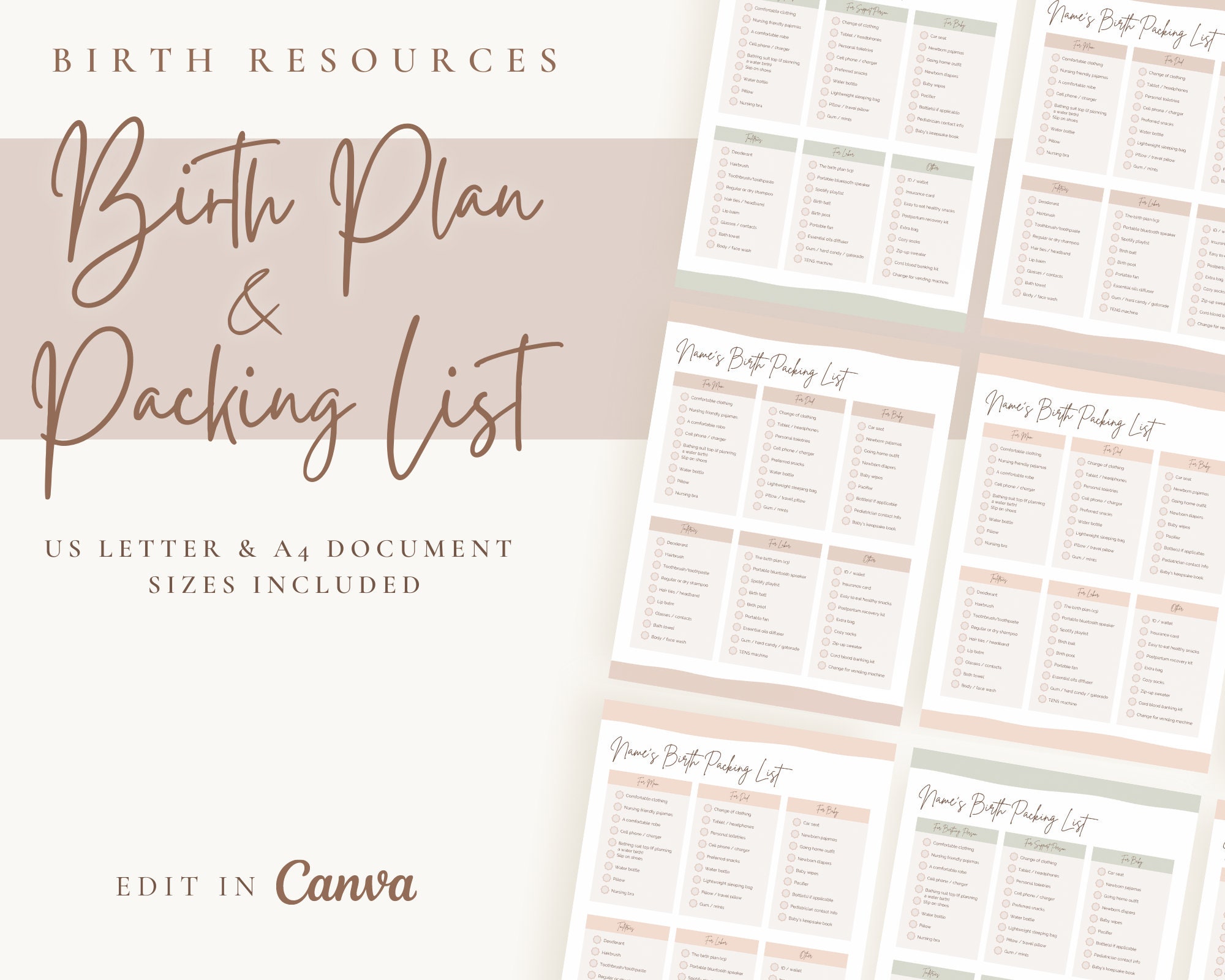 Packing Number Visual Visual Birth Plan & Packing List | Editable Canva Templates | Labor and ...