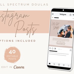 Puede incluir: Una maqueta digital de una pantalla de teléfono móvil que muestra una publicación de Instagram. La publicación presenta una foto de tres personas sonriendo y el texto "Let's Get Started". La publicación también incluye una dirección de sitio web y el texto "Let's Do This!" La publicación está rodeada de un fondo rosa claro. El texto "40 Editable Posts" se muestra en un círculo con un fondo texturizado marrón y blanco. El texto "Edit in Canva" se muestra debajo del círculo.