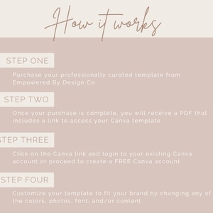 Purchase your template from Empowered by Design. You will receive a PDF including a link to access your Canva template. Click on the link and log into your existing Canva account or create a free account. Customize your template to fit your brand.