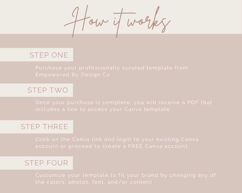 Purchase your template from Empowered by Design. You will receive a PDF including a link to access your Canva template. Click on the link and log into your existing Canva account or create a free account. Customize your template to fit your brand.