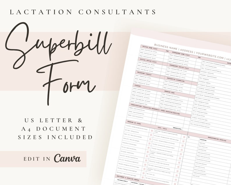 Lactation consultants superbill form. US letter and A4 document sizes included. Edit in Canva. Image of the superbill on the right hand side.