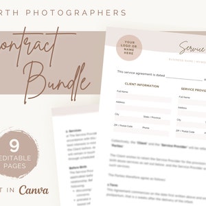 May include: A printable contract bundle for birth photographers. The bundle includes 9 editable pages and can be edited in Canva. The contract template includes sections for client information, service provider information, and a service agreement.