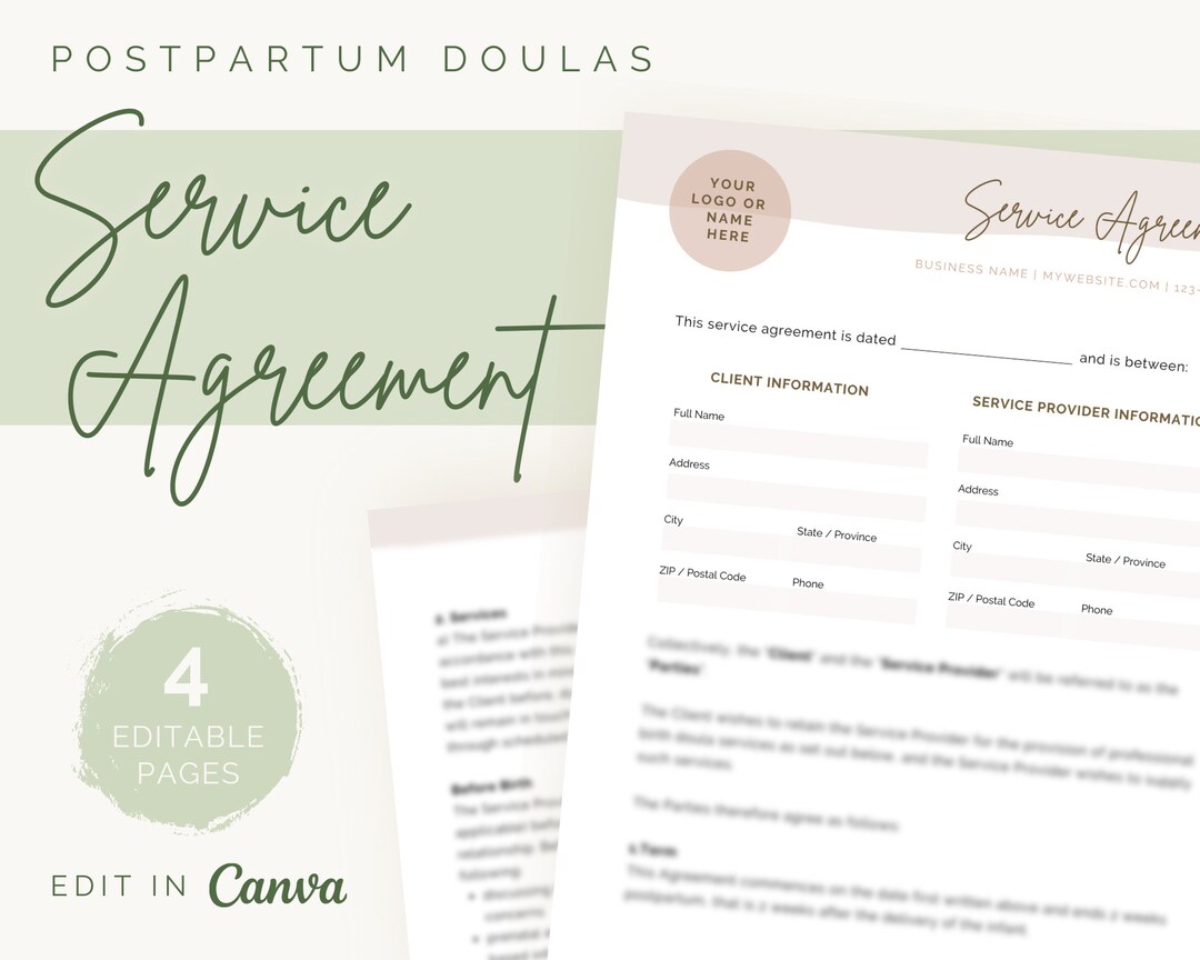 Postpartum Doula Service Agreement Editable Contract Template