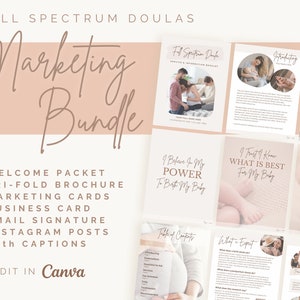 Pacote de marketing Doula de espectro completo | Pacote de boas-vindas | Brochura com três dobras | Postagens IG com legendas | Cartões de visita | Download digital