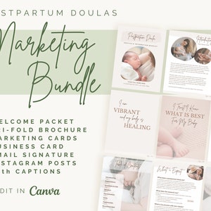 Postpartum doulas marketing bundle. Welcome packet, trifold brochure, marketing cards, business card, email signature, Instagram posts with captions. Edit in Canva. Bundle and save 45%. Images of beautifully designed pages of a welcome packet.