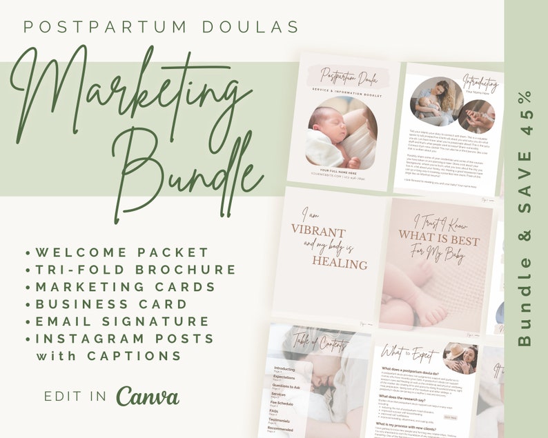 Postpartum doulas marketing bundle. Welcome packet, trifold brochure, marketing cards, business card, email signature, Instagram posts with captions. Edit in Canva. Bundle and save 45%. Images of beautifully designed pages of a welcome packet.