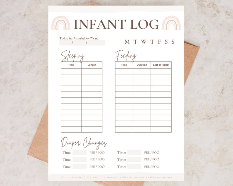 May include: A printable infant log with a rainbow design. The log includes sections for sleeping, feeding, and diaper changes. The days of the week are listed across the top.
