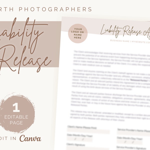 Birth Photographer Liability Release Agreement | Editable Contract Template | Digital Download | Minimalist Design | Client Contract Form