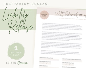 Postpartum Doula Liability Release Agreement | Editable Template | Digital Download | Minimalist Design | Client Contract Form