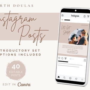 Birth Doula | 40 Instagram Post Templates | Captions Included | Instant Digital Download | Edit in Canva | Marketing | Business Branding