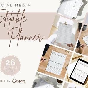 May include: A collage of images showcasing a social media planner with 26 editable pages. The planner is designed to be used with Canva. The images show different pages of the planner, including a "Weekly Plan" page, a "Blog Post Ideas" page, and a "Content Calendar" page.