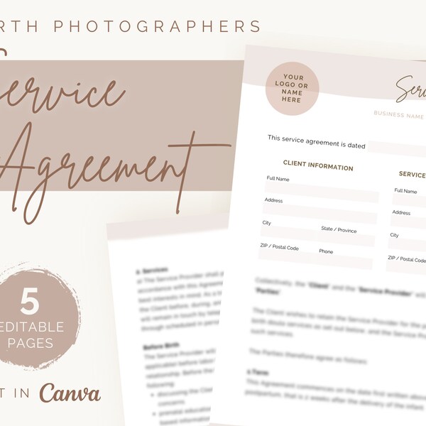 Birth Photographer Service Agreement | Instant Digital Download | New Client Forms | Business Forms | Printable | Customizable