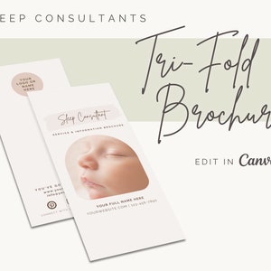 Op de afbeelding: Een drievoudig gevouwen brochure sjabloon voor slaapconsulenten. De brochure heeft een roze aquarel achtergrond met de tekst "Sleep Consultant" en "Services & Information Brochure". De brochure bevat ook een foto van een slapende baby.