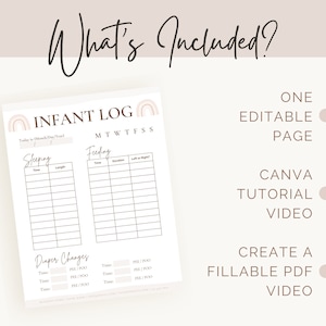 May include: A printable infant log with sections for sleeping, feeding, and diaper changes. The log includes a rainbow design and the text "Infant Log". The image also includes a list of what is included: one editable page, a Canva tutorial video, and a create a fillable PDF video.