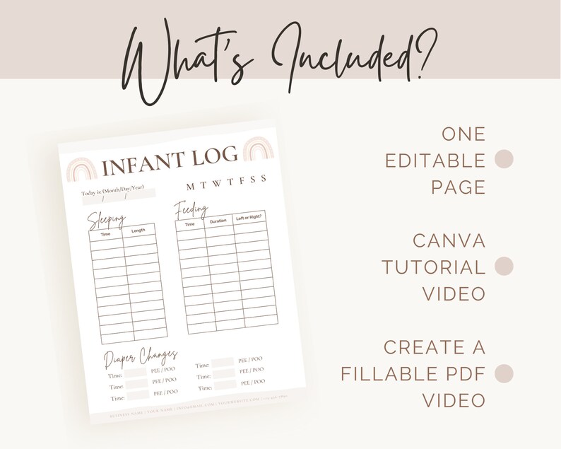 May include: A printable infant log with sections for sleeping, feeding, and diaper changes. The log includes a rainbow design and the text "Infant Log". The image also includes a list of what is included: one editable page, a Canva tutorial video, and a create a fillable PDF video.