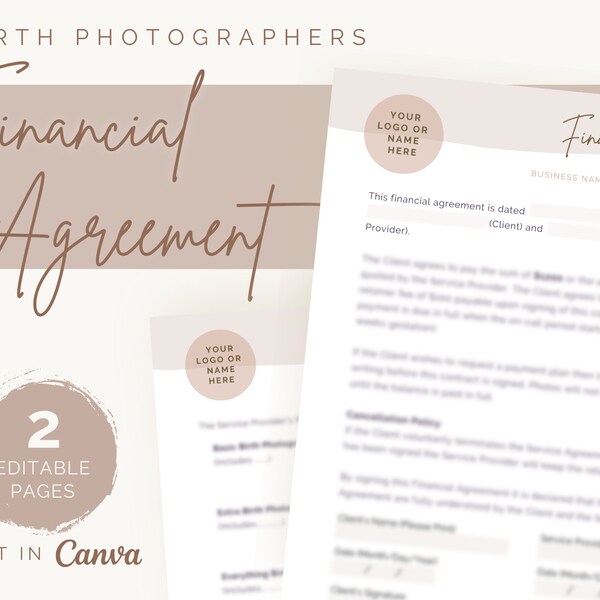 Birth Photographer Financial Agreement | Editable Contract Template | Instant Download | Minimalist Design | Client Contract | Business Form