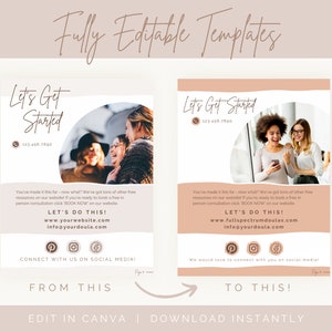 Fully editable templates. Paper on the left has grey minimalist design features. Contact information page. From this to this. Paper on the right has peach design features and the picture has changed. Edit in Canva. Download instantly.
