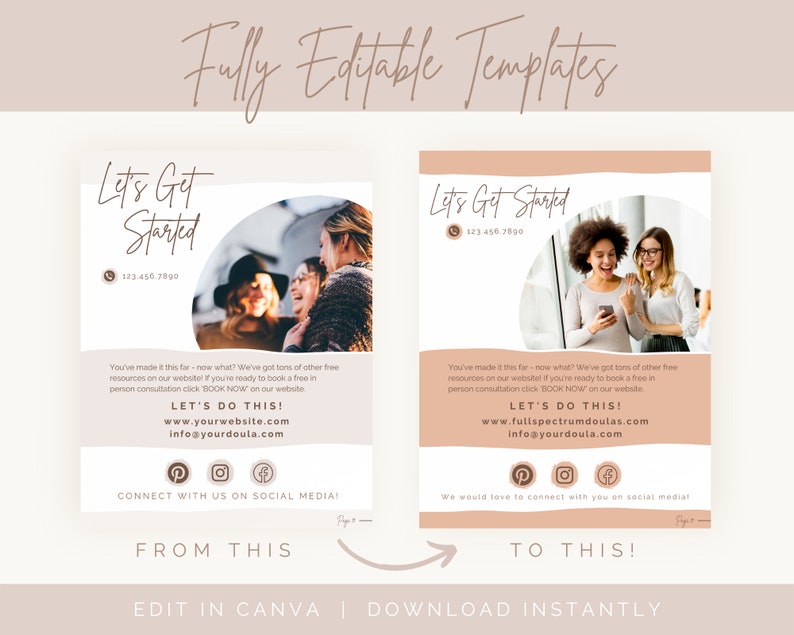 Fully editable templates. Paper on the left has grey minimalist design features. Contact information page. From this to this. Paper on the right has peach design features and the picture has changed. Edit in Canva. Download instantly.