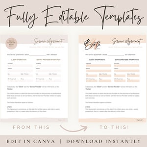 Fully editable templates. The paper on the left has light grey details. From this to this. The paper on the right has peach color details with contact information added and a logo has been added. Edit in Canva. Download instantly.