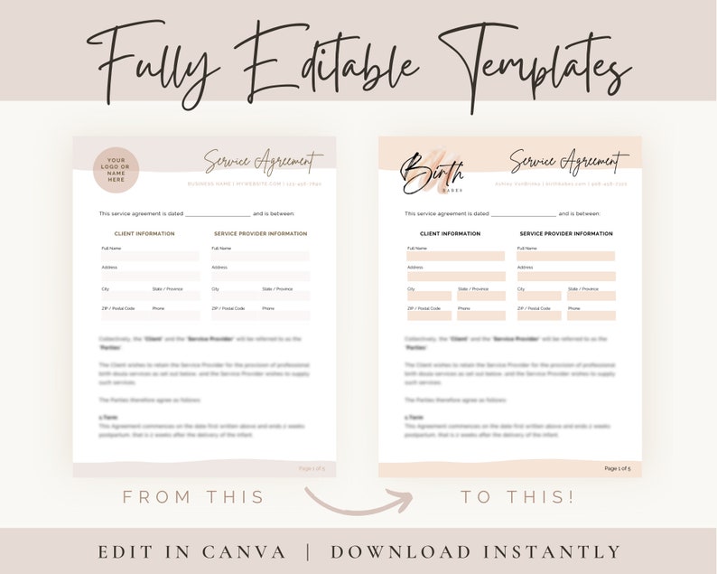 Fully editable templates. The paper on the left has light grey details. From this to this. The paper on the right has peach color details with contact information added and a logo has been added. Edit in Canva. Download instantly.