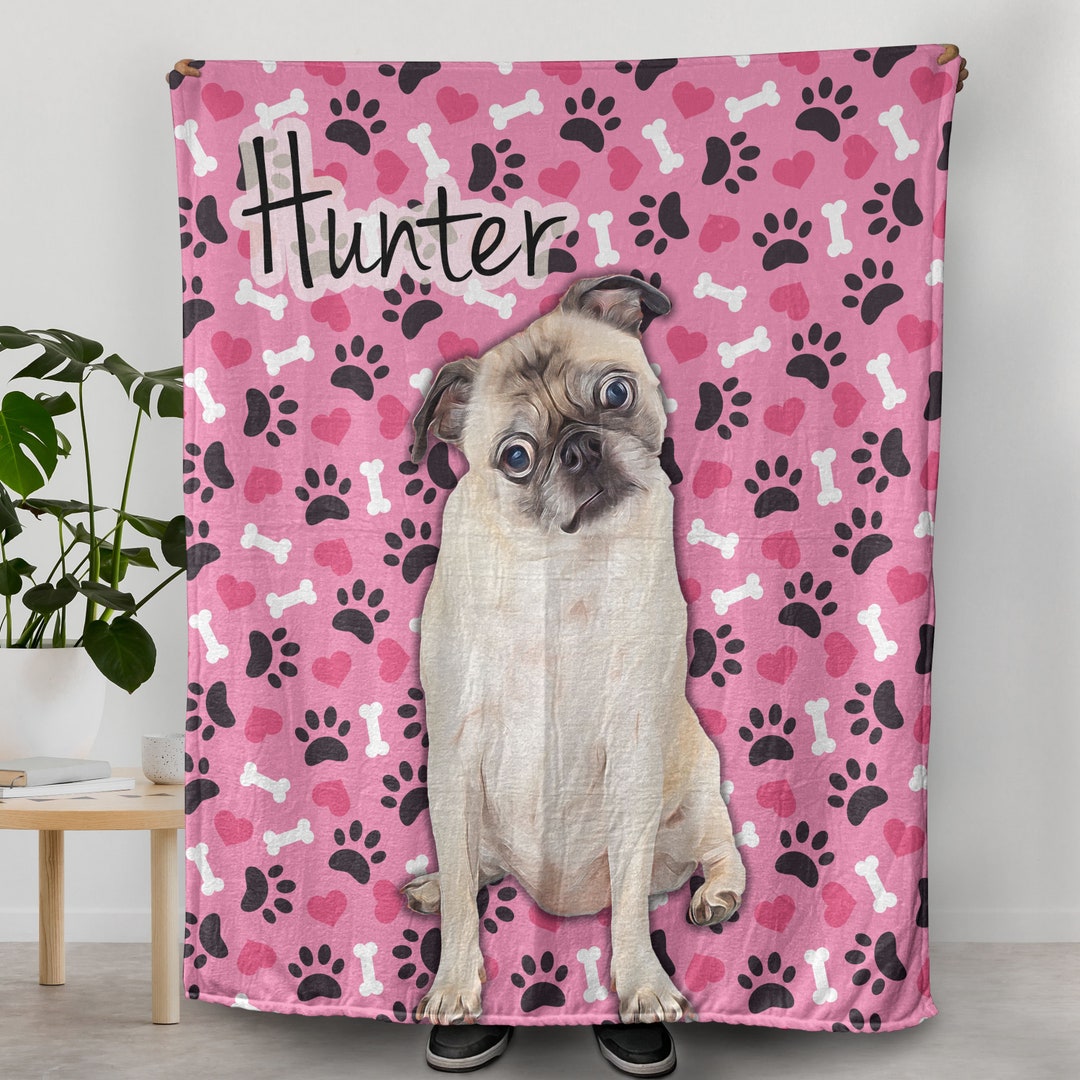 Pet Paw Blanket, Personalized Baby Pink Dog Blanket With Name and Photo