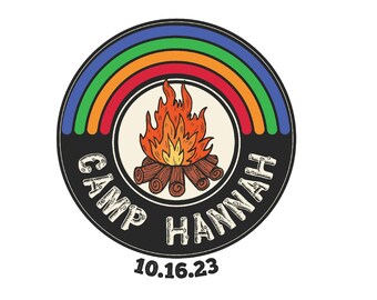 Customized Camp Bat Mitzvah Logo, Girls Personalized Camping Rustic Rainbow Party theme for Bar Mitzvah party favors, invitations, decor