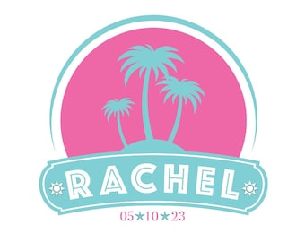 Personalized Beach Bat Mitzvah Logo, Customized Party Logo Palm Trees Club Bash Girls theme Teal Pink Sun party decor
