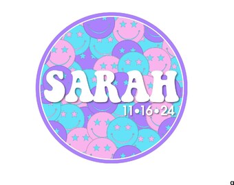 Custom Smiley Faces Bat Mitzvah Logo, Personalized Sweet 16 Party Logo Round Hip Retro Girls Logo  Smile Patter Teal Pink party favors decor