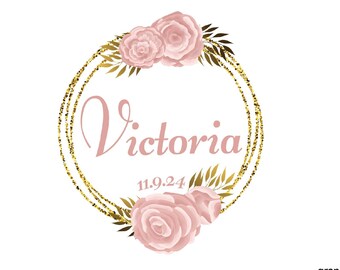 Customized Gold and Pink Floral Bat Mitzvah Logo, Girls Personalized Sweet 16 Logo, Glitter Gold Flower Party Logo Mitzvah invitations decor