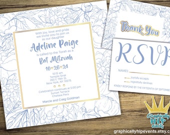 Blue and Gold Floral Bat Mitzvah Invitation RSVP Insert Thank You Girls Invite Sweet 16 Digital File Paperless Post Green Envelope Printable