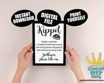 Kippot Basket Sign PRINTABLE Bar Mitzvah Jewish Wedding Decor Minimalist Kippah Yamaka Basket Yarmulkes Instant Download Digital Files