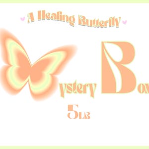 May include: A Healing Butterfly Mystery Box with a peach-colored butterfly and the letter B in a peach-colored font. The text "Mystery Box" is in a peach-colored font and the number "5 LB" is in a peach-colored font.