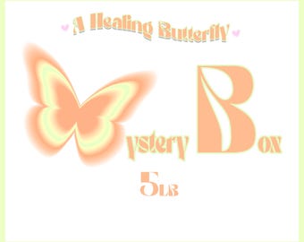 May include: A Healing Butterfly Mystery Box featuring a peach-coloured butterfly and the letter B in a peach-coloured font. The text "Mystery Box" is in a peach-coloured font and the number "5 LB" is in a peach-coloured font.