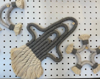 Gray Macrame Rocket Ship Wall Hanging with Star and Moon, Macrame Rainbow, Spaceship Decor, Love You to the Moon, Space Theme Nursery