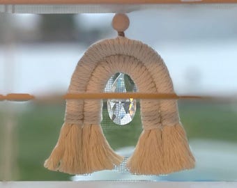Macrame Rainbow Suncatcher, Crystal Prism, Neutral Boho Window Hanging, Nursery Decor