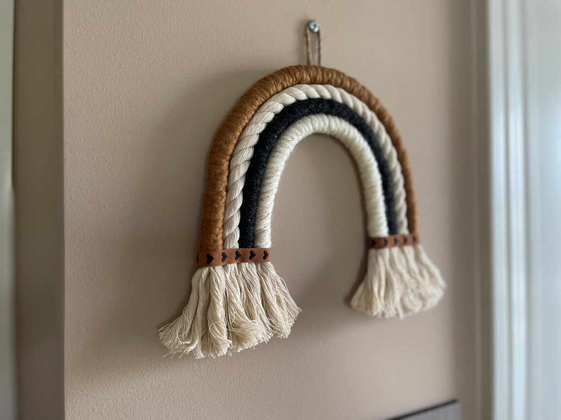 Macrame Rainbow Wall Hanging With Heart Ribbon Detail, Black and Brown ...