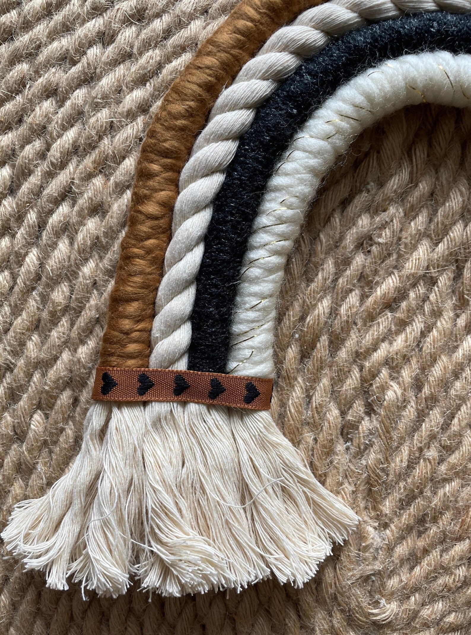 Macrame Rainbow Wall Hanging With Heart Ribbon Detail, Black and Brown ...
