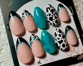 Farmhouse Chic Almond Press-On Nails | Cow Print | Turquoise Marble | Western Boho Set